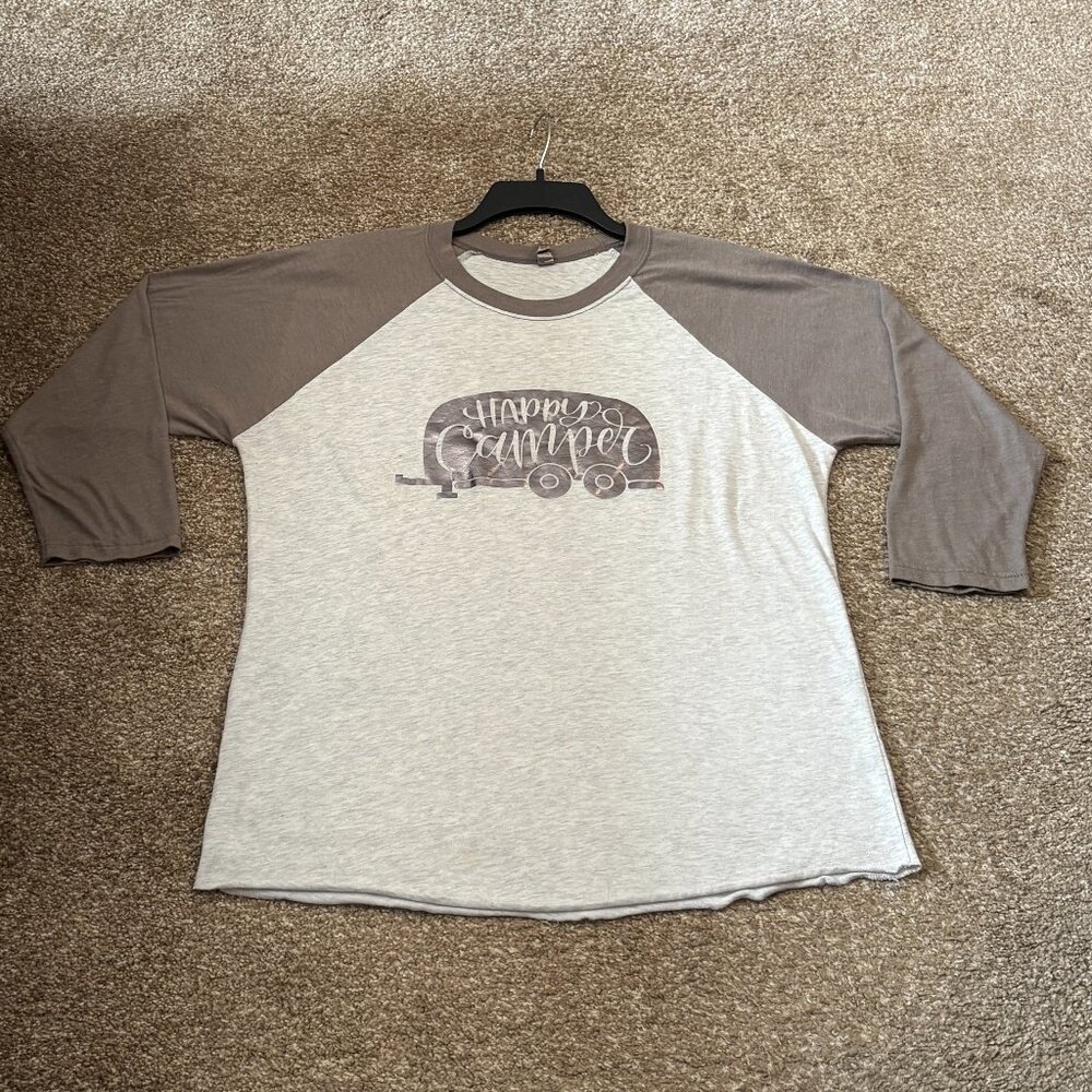 Next Level Women's 3/4 Sleeve Raglan Tee Baseball Style Tshirt Happy Camper